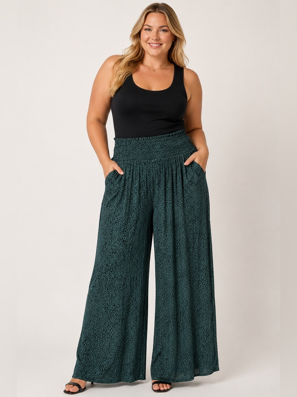 VERY J FLOWY WIDE LEG TEAL DOTTED PALAZZO PANTS 1X